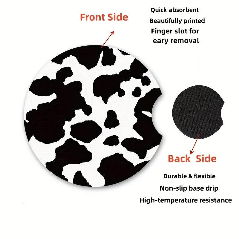 2pcs Stylish Black and White Cow Pattern Car Coasters - Non-Slip, Heat Insulation, Durable, Water-Resistant, Easy to Clean, Suitable for Women, Couple Gifts, Car Interior Accessories, Perfect for Any Vehicle