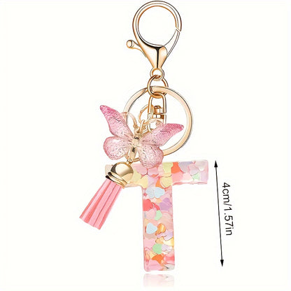 Alphabet Initial Letter Keychain Cute Butterfly Key Chain Ring Purse Bag Backpack Charm Earbud Case Cover Accessories Women Gift