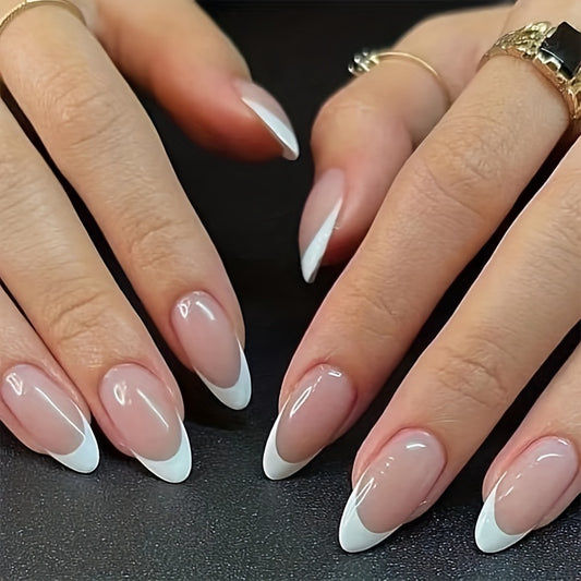 24pcs Medium Almond Shaped Press On Nails Set - Glossy Full Cover False Nails with French Tip Design, Nude and Fair Color Tones, Includes Nail File and Jelly Glue for Easy Application - Perfect for Women and Girls