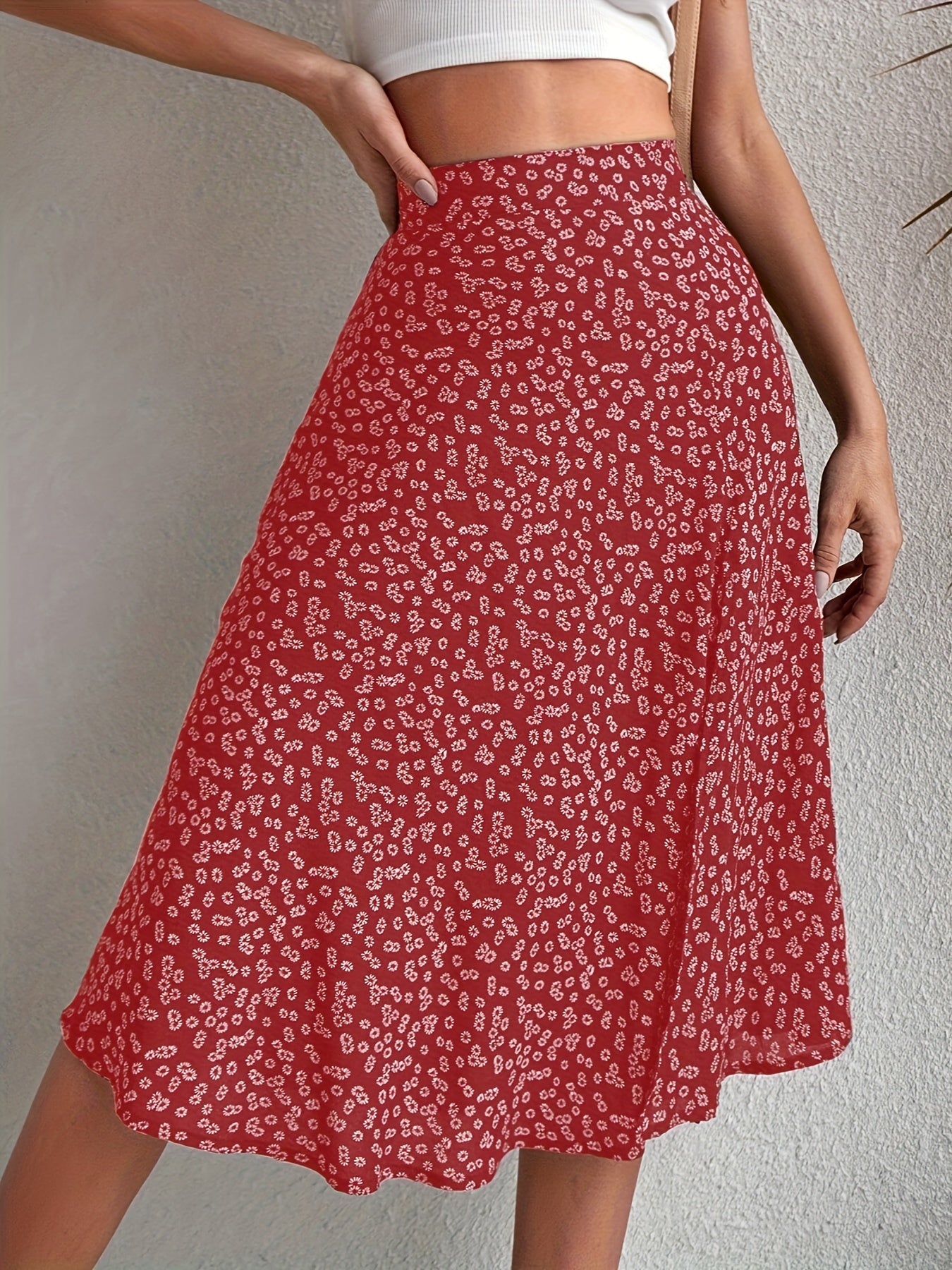 Boho Floral Print Split Skirts, Elegant High Waist Midi Skirts For Spring & Summer, Women's Clothing
