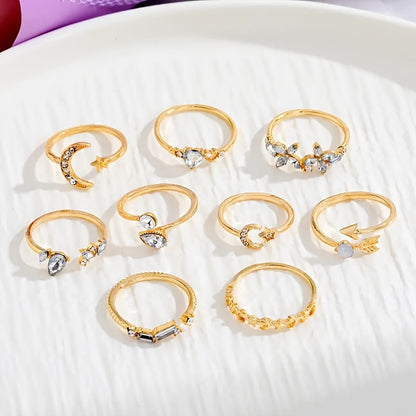 9-Piece Shimmering Rhinestone Knuckle Ring Set - Elegant Alloy Stackable Rings with Inlaid Design for Party Favors, Wedding Gifts, and Everyday Wear