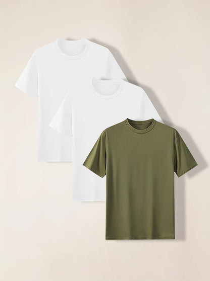 3-Pack Mens Short Sleeve T-shirt Set - Comfortable Solid Stretch, Round Neck, Casual Style - Breathable Summer Clothing for Everyday Wear