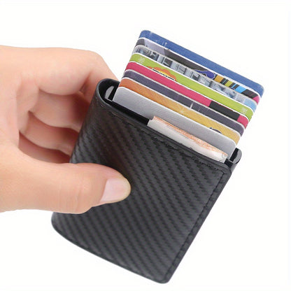 OBCREATOR Carbon Fiber RFID Blocking Wallet, Slim Metal Pop-Up Credit Card Holder, Aluminum Alloy, Non-Braided, Simple Style, Black, Minimalist Design for Men