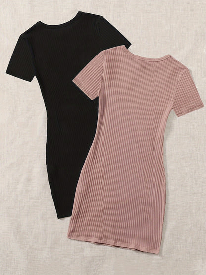 Solid 2 Packs Dresses, Casual Crew Neck Short Sleeve Dress, Women's Clothing