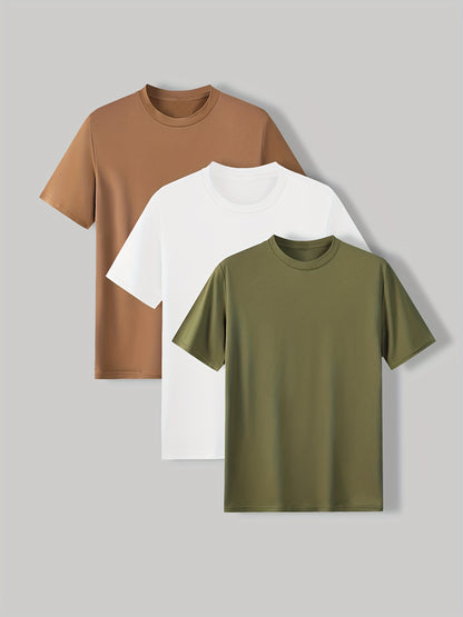 3-Pack Mens Short Sleeve T-shirt Set - Comfortable Solid Stretch, Round Neck, Casual Style - Breathable Summer Clothing for Everyday Wear