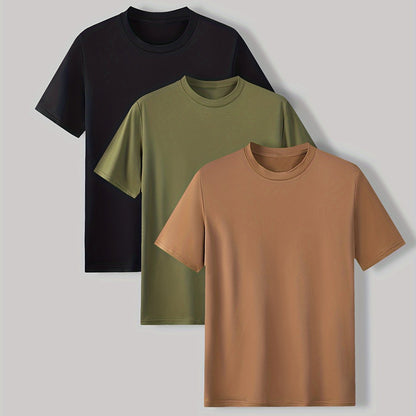 3-Pack Mens Short Sleeve T-shirt Set - Comfortable Solid Stretch, Round Neck, Casual Style - Breathable Summer Clothing for Everyday Wear