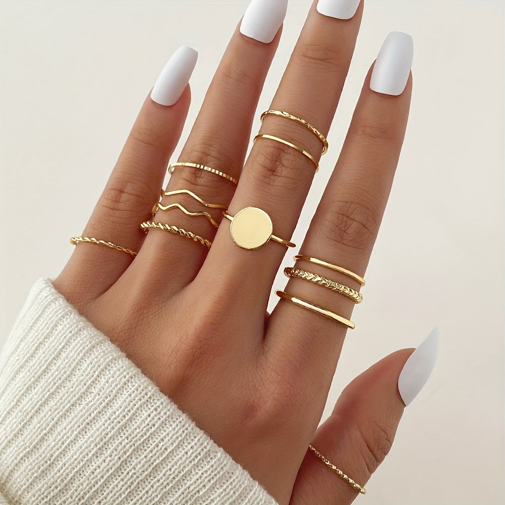 12pc Y2k Stacking Rings Set - Fashionable Wave, Intertwined, Minimalist Bands - Versatile Mix & Match for Daily Glam & Parties