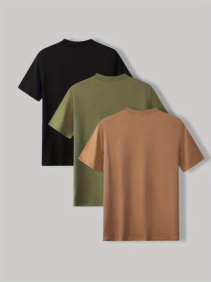 3-Pack Mens Short Sleeve T-shirt Set - Comfortable Solid Stretch, Round Neck, Casual Style - Breathable Summer Clothing for Everyday Wear