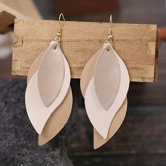 3-layer Leaf Design Retro Dangle Earrings PU Leather Exquisite Gift For Women Daily Casual