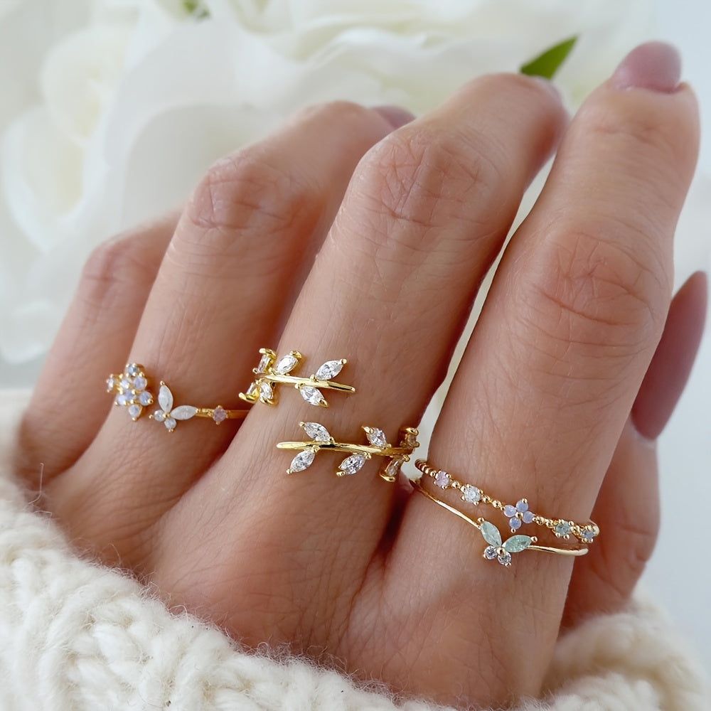 4PCS Dazzling Gemstone Stacking Rings - Adjustable Leaf/Butterfly/Flower Designs - Fashion-Forward Party Accessories for Daily Wear and Mix & Match