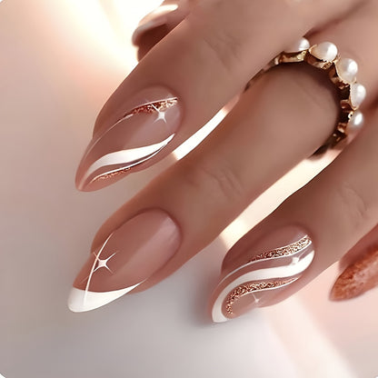 Almond Press On Nails Medium French Tips Fake Nails Golden Lines Glitter Fake Glossy Full Cover Acrylic Nails Stick On Nails False Nails For Women&Girls 24pcs