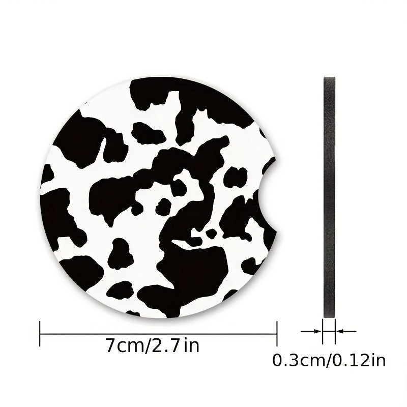 2pcs Stylish Black and White Cow Pattern Car Coasters - Non-Slip, Heat Insulation, Durable, Water-Resistant, Easy to Clean, Suitable for Women, Couple Gifts, Car Interior Accessories, Perfect for Any Vehicle