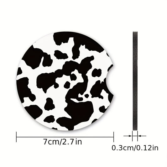 2pcs Stylish Black and White Cow Pattern Car Coasters - Non-Slip, Heat Insulation, Durable, Water-Resistant, Easy to Clean, Suitable for Women, Couple Gifts, Car Interior Accessories, Perfect for Any Vehicle