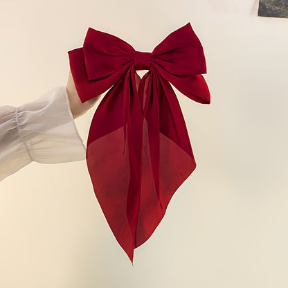 Korean Style Large Red Bow Hair Clip for Women - Long Ribbon Butterfly Hair Accessory with Secure Hold, Elegant Hairpin for Long Hair, Versatile for Casual & Formal Events, Hair Accessories, Formal Hairpiece, Sophisticated De