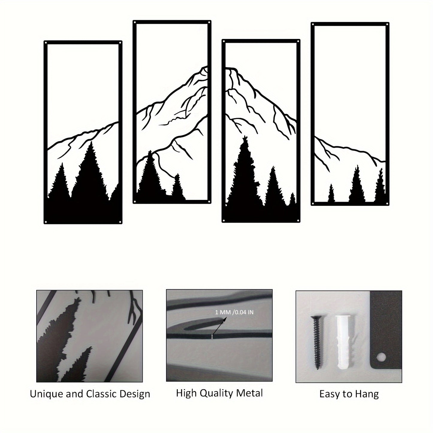 4pcs Minimalist Metal Mountain Wall Decor - Square Sculpture for Home, Office, Living Room, Bedroom - Unique Wall Art for a Stylish and Elegant Look