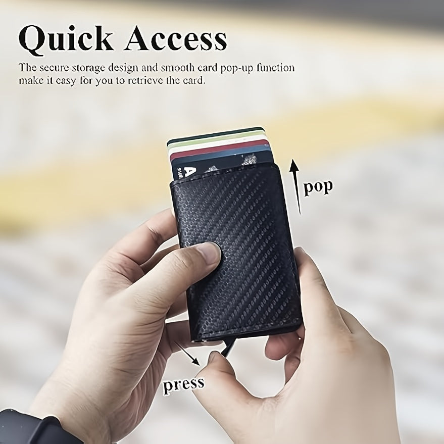 OBCREATOR Carbon Fiber RFID Blocking Wallet, Slim Metal Pop-Up Credit Card Holder, Aluminum Alloy, Non-Braided, Simple Style, Black, Minimalist Design for Men