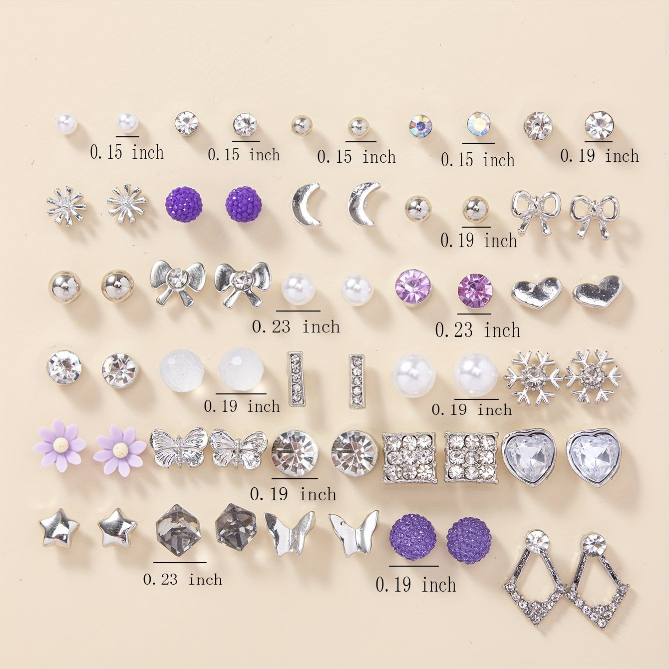 30pairs Love Heart Faux Pearl Rhinestone Flower Butterfly Snowflake Exquisite Simple Stud Earrings Set