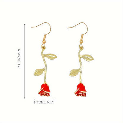 Rose Flower Design Red Dangle Earrings Sexy Cute Style Zinc Alloy Ear Jewelry Wedding Party Ornaments