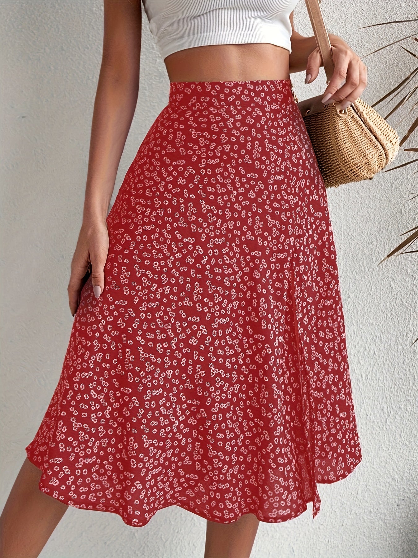 Boho Floral Print Split Skirts, Elegant High Waist Midi Skirts For Spring & Summer, Women's Clothing