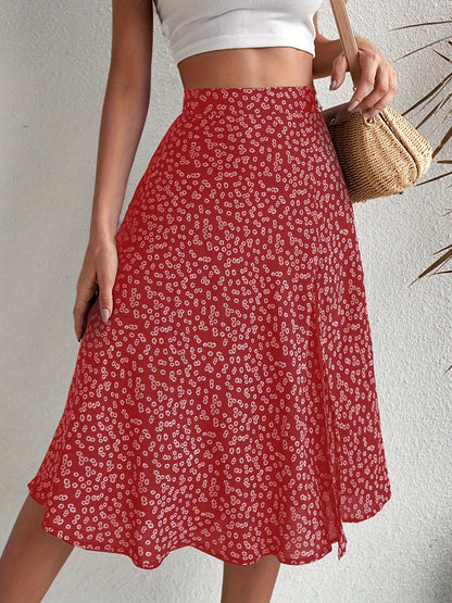 Boho Floral Print Split Skirts, Elegant High Waist Midi Skirts For Spring & Summer, Women's Clothing