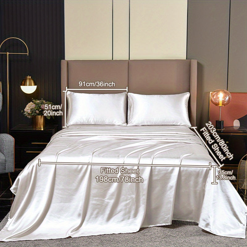 4-Piece Luxurious Satin Bedding Set - Silky Smooth, Breathable Comfort for All Seasons - Ideal for Home and Hotel - Includes Flat Sheet, Elasticized Fitted Sheet, and 2 Pillowcases