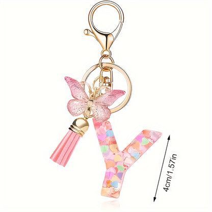 Alphabet Initial Letter Keychain Cute Butterfly Key Chain Ring Purse Bag Backpack Charm Earbud Case Cover Accessories Women Gift