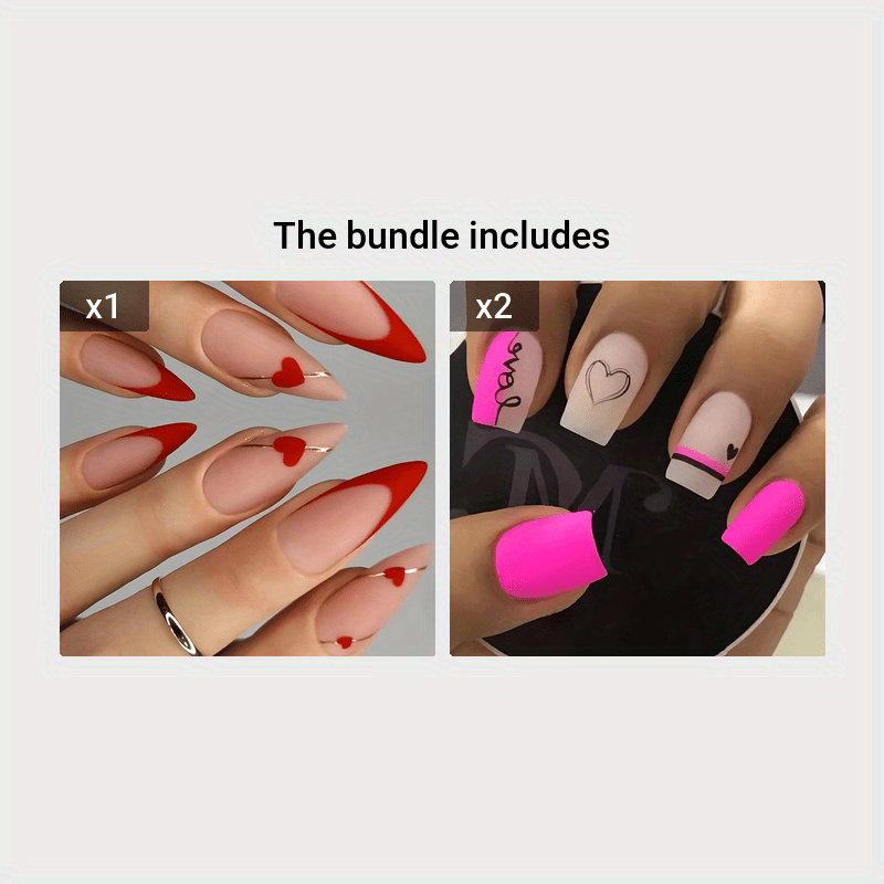 24Pcs Almond Shape Red French Press On Nails - Medium Length, Golden Wave, Matte Finish, Full Cover, Heart-Shaped, Artificial Acrylic Nails for Women and Girls - Perfect Valentine Nail Decoration, Easy to Apply, Long-Lasting,