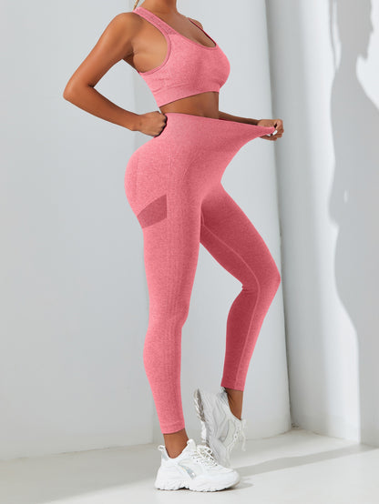 2pcs Solid Color Yoga Set, Cropped Tank Top With Removable Padded And High Waisted Fitness Running Leggings Suit, Women's Activewear