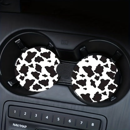 2pcs Stylish Black and White Cow Pattern Car Coasters - Non-Slip, Heat Insulation, Durable, Water-Resistant, Easy to Clean, Suitable for Women, Couple Gifts, Car Interior Accessories, Perfect for Any Vehicle