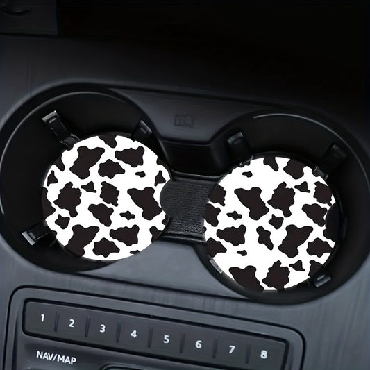 2pcs Stylish Black and White Cow Pattern Car Coasters - Non-Slip, Heat Insulation, Durable, Water-Resistant, Easy to Clean, Suitable for Women, Couple Gifts, Car Interior Accessories, Perfect for Any Vehicle