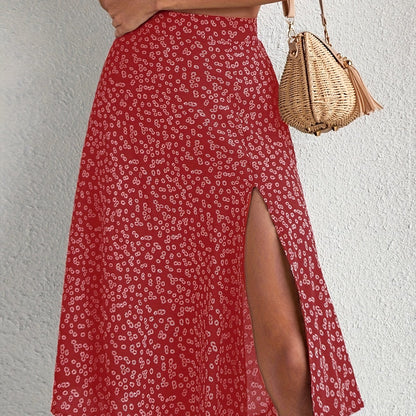 Boho Floral Print Split Skirts, Elegant High Waist Midi Skirts For Spring & Summer, Women's Clothing