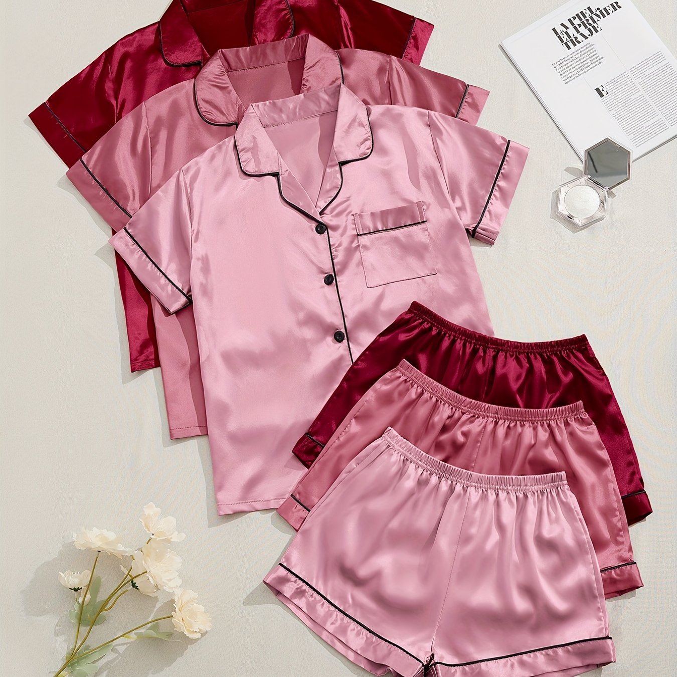 3 Sets Satin Pajama Set, Short Sleeve Lapel Top & Elastic Waistband Shorts, Women's Sleepwear & Loungewear