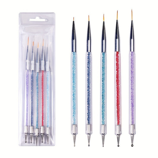 5 pcs Double-Ended Nail Art Brush Set with Liner, Detail, and Dotting Pens for Salon-Quality Manicures at Home