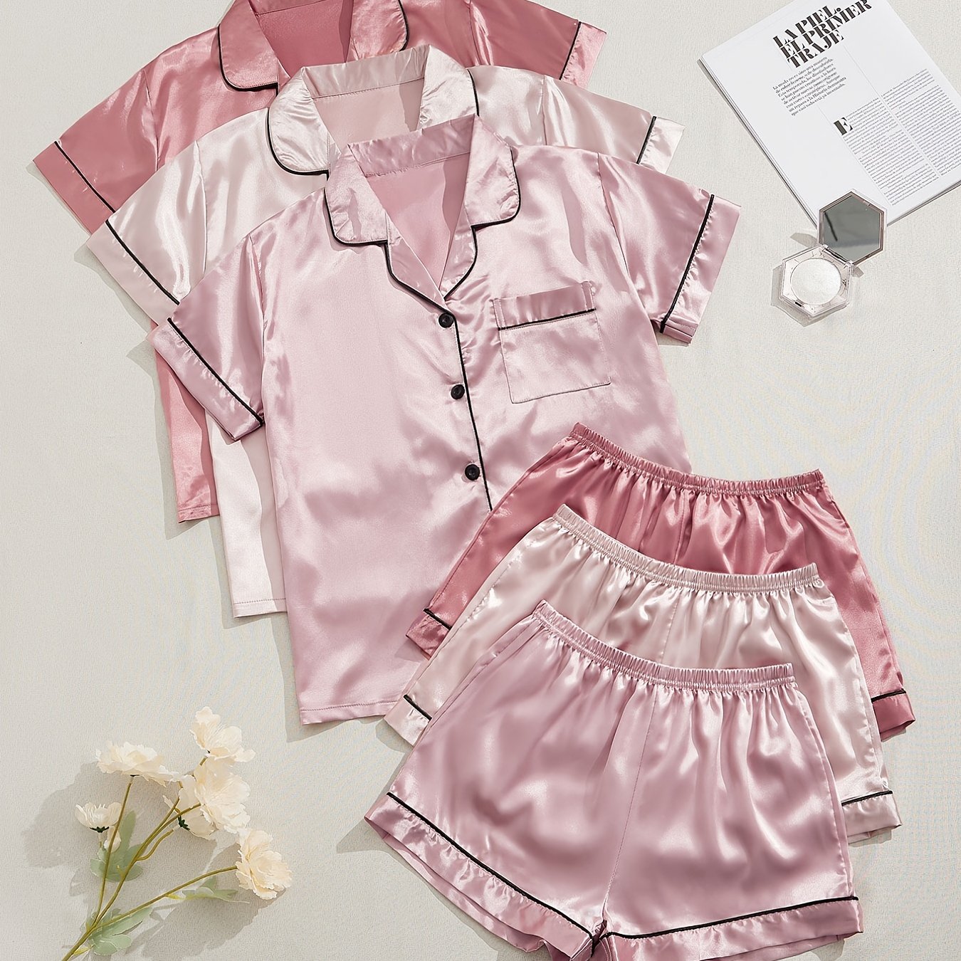 3 Sets Satin Pajama Set, Short Sleeve Lapel Top & Elastic Waistband Shorts, Women's Sleepwear & Loungewear