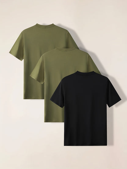 3-Pack Mens Short Sleeve T-shirt Set - Comfortable Solid Stretch, Round Neck, Casual Style - Breathable Summer Clothing for Everyday Wear