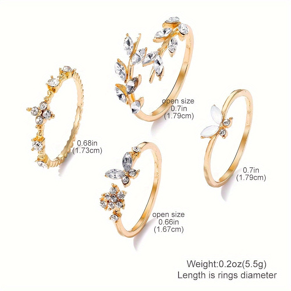 4PCS Dazzling Gemstone Stacking Rings - Adjustable Leaf/Butterfly/Flower Designs - Fashion-Forward Party Accessories for Daily Wear and Mix & Match