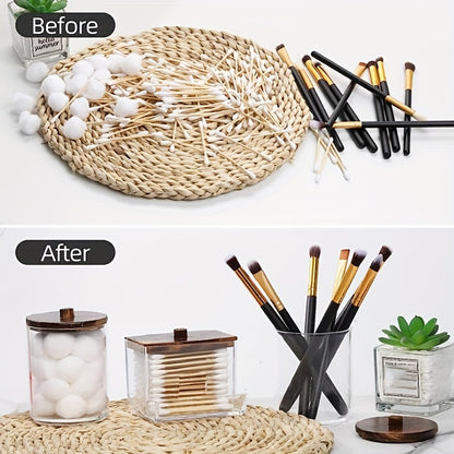 Swabs Holder Bathroom Container, Storage Box 10/7oz Ball/Swabs Dispenser, Apothecary Jar Organizer for Storage Brown Lids