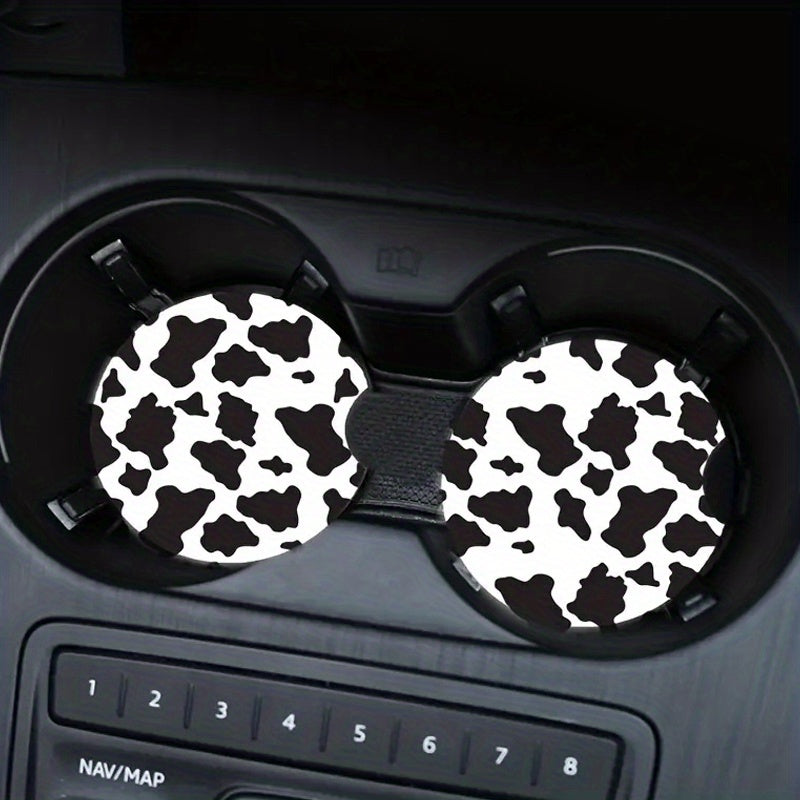 2pcs Stylish Black and White Cow Pattern Car Coasters - Non-Slip, Heat Insulation, Durable, Water-Resistant, Easy to Clean, Suitable for Women, Couple Gifts, Car Interior Accessories, Perfect for Any Vehicle