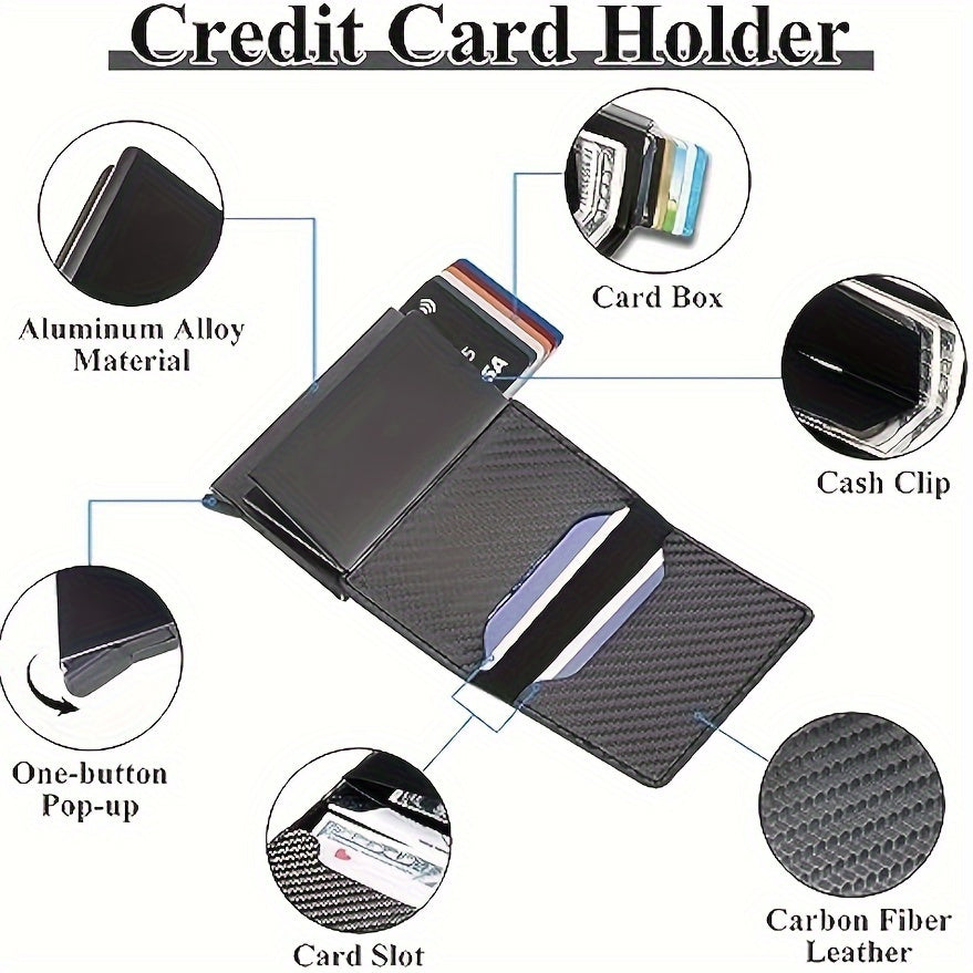 OBCREATOR Carbon Fiber RFID Blocking Wallet, Slim Metal Pop-Up Credit Card Holder, Aluminum Alloy, Non-Braided, Simple Style, Black, Minimalist Design for Men