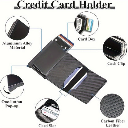 OBCREATOR Carbon Fiber RFID Blocking Wallet, Slim Metal Pop-Up Credit Card Holder, Aluminum Alloy, Non-Braided, Simple Style, Black, Minimalist Design for Men