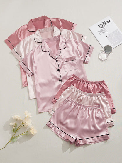 3 Sets Satin Pajama Set, Short Sleeve Lapel Top & Elastic Waistband Shorts, Women's Sleepwear & Loungewear