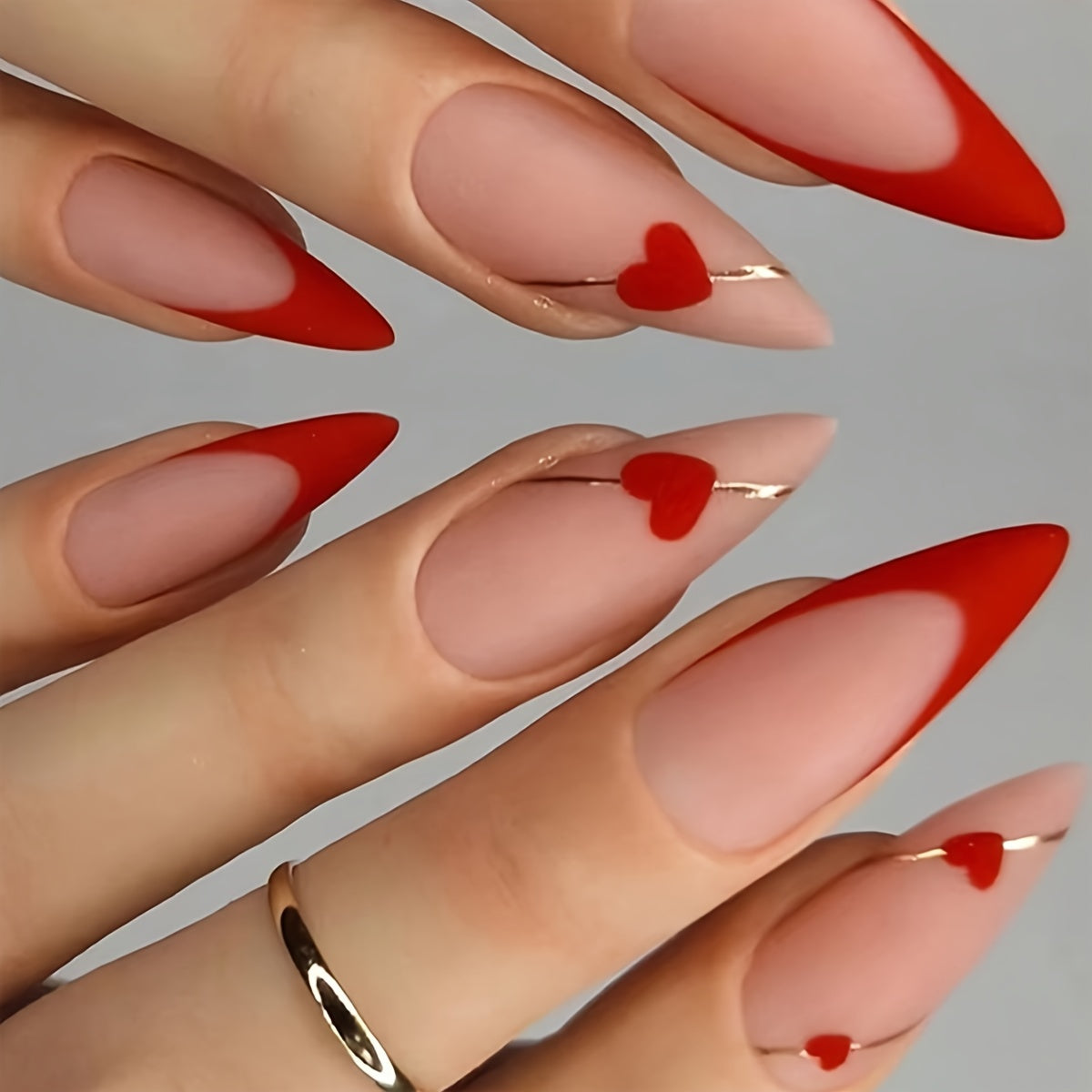 24Pcs Almond Shape Red French Press On Nails - Medium Length, Golden Wave, Matte Finish, Full Cover, Heart-Shaped, Artificial Acrylic Nails for Women and Girls - Perfect Valentine Nail Decoration, Easy to Apply, Long-Lasting,