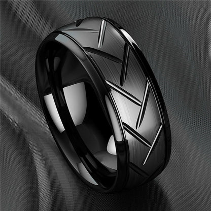 1pc 8MM Luxury High Quality Black Titanium Steel Ring Fashion Simple Men's Black Stainless Steel Wire Groove Tire Ring Artificial Jewelry Lover Gift