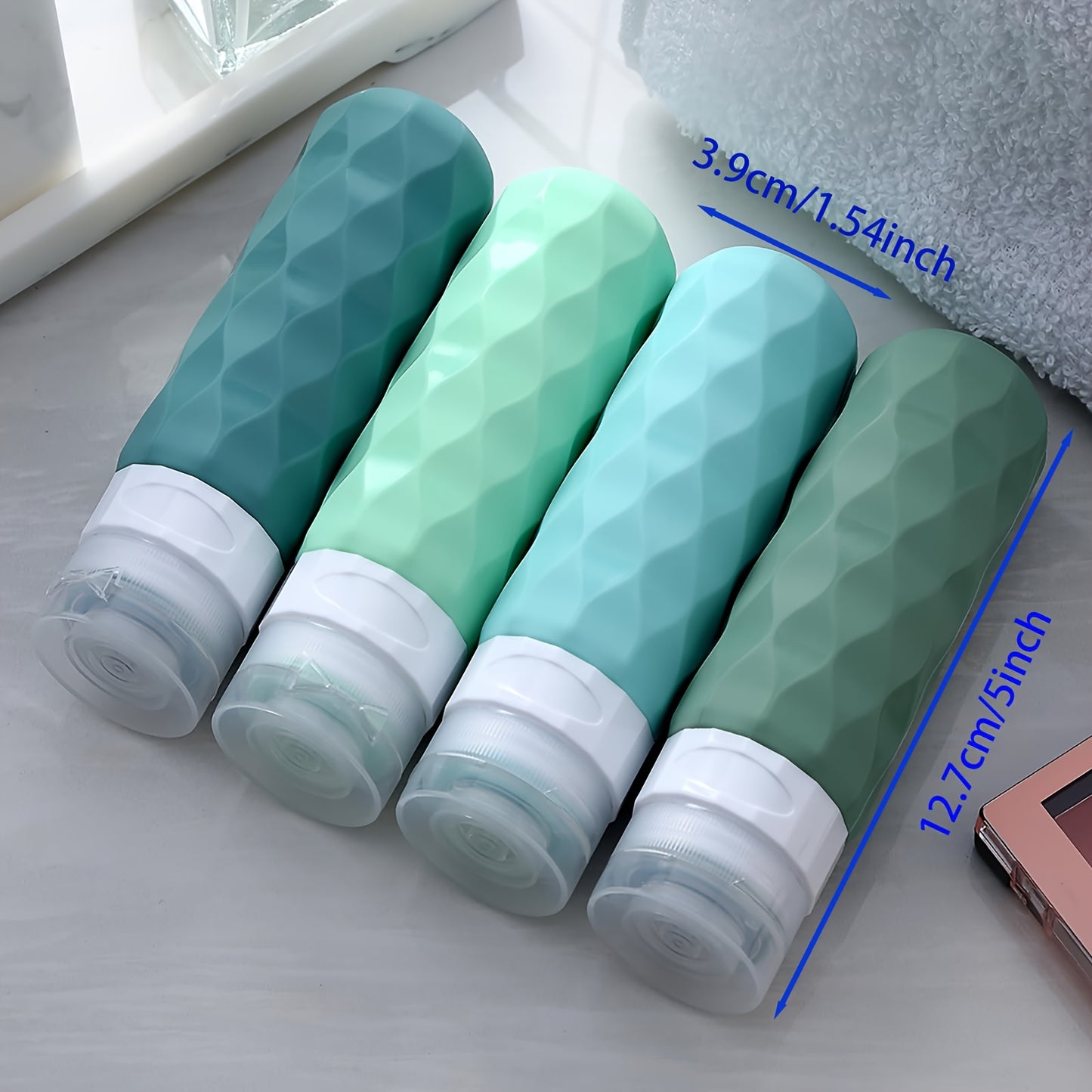 4pcs TSA-Approved Silicone Travel Bottles, 3oz Leak-Proof & Squeezable, Containers in Teal & Green with Chevron Design, Portable Toiletry Accessories for Shampoo, Conditioner, Lotion - Hand Wash Only