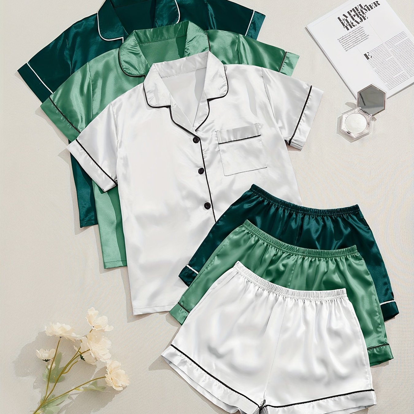 3 Sets Satin Pajama Set, Short Sleeve Lapel Top & Elastic Waistband Shorts, Women's Sleepwear & Loungewear