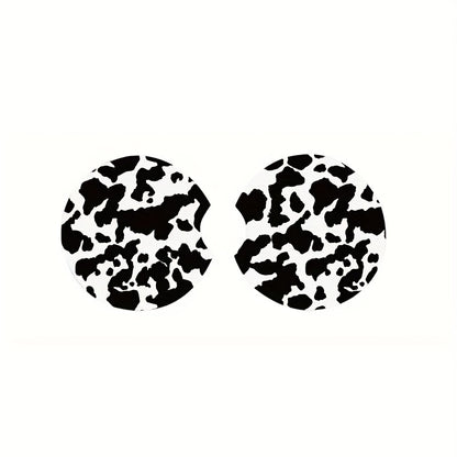 2pcs Stylish Black and White Cow Pattern Car Coasters - Non-Slip, Heat Insulation, Durable, Water-Resistant, Easy to Clean, Suitable for Women, Couple Gifts, Car Interior Accessories, Perfect for Any Vehicle