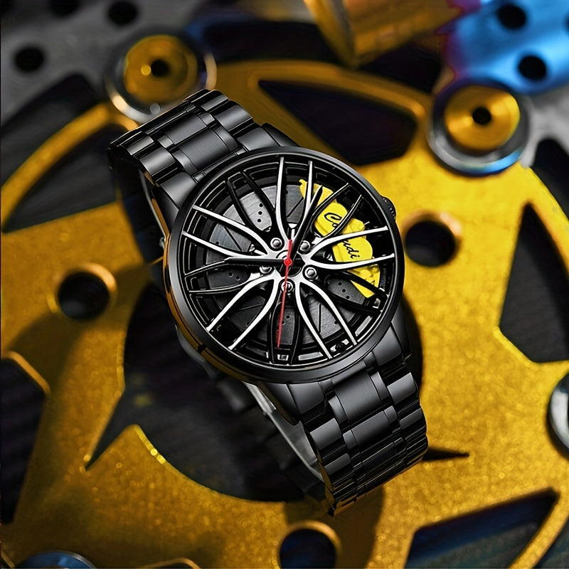 1pc Men's Watch, Car Wheel Hub Caliper Luminous Steel Band Three-dimensional Hollow Sports Wrist Watch, Ideal choice for Gifts