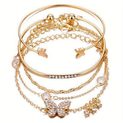 5pcs Elegant Alloy Bracelet Set with Rhinestone Butterfly Charms, Simple Daily & Gift Occasion Jewelry, All-Season Accessory