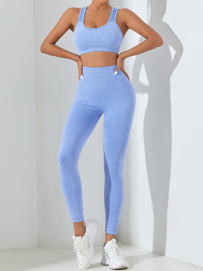 2pcs Solid Color Yoga Set, Cropped Tank Top With Removable Padded And High Waisted Fitness Running Leggings Suit, Women's Activewear