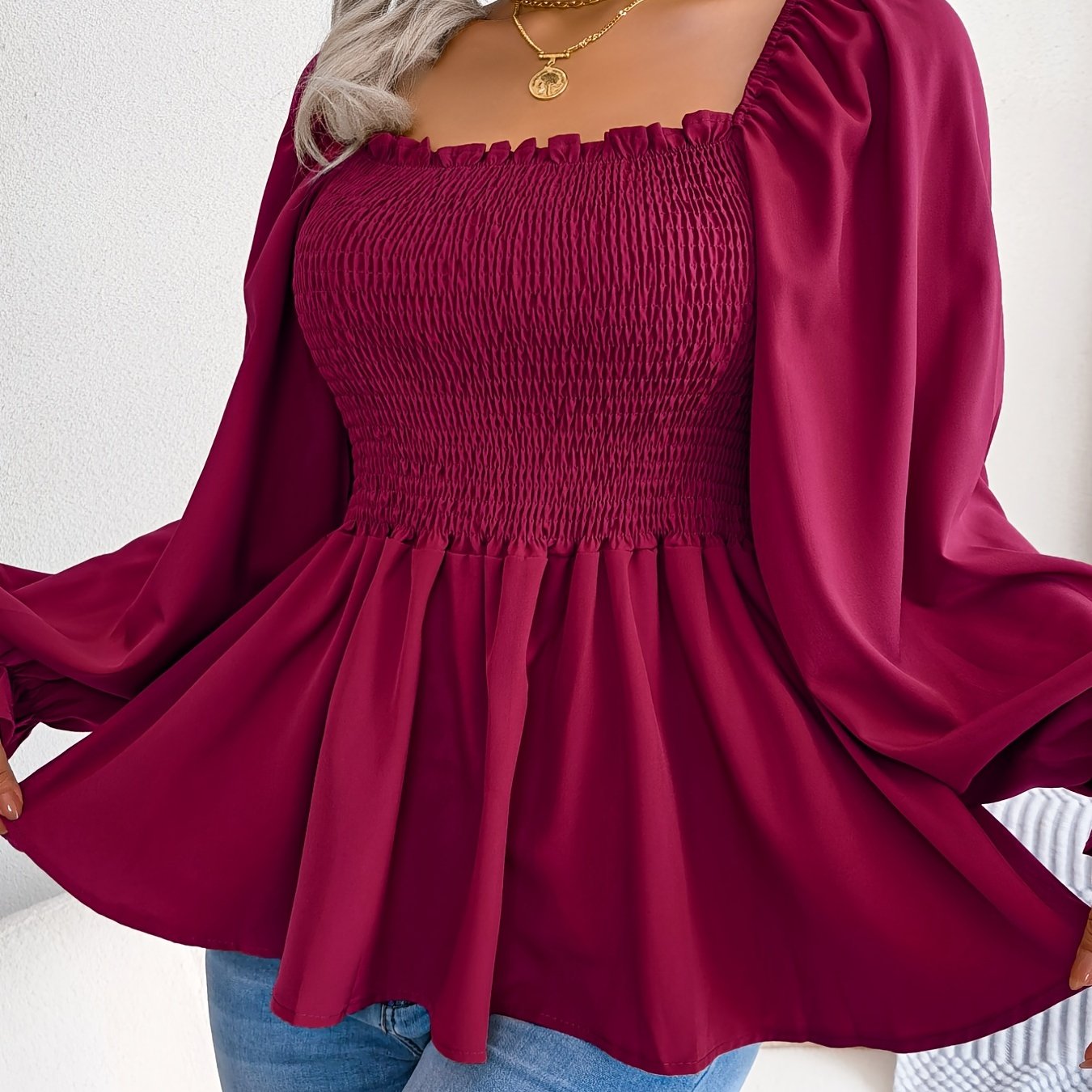 [Chic Blouse] Soft Chiffon Women's Casual Chic Square Neck Blouse | Long Sleeve Top with Flared Sleeves & Ruffled Hem - Solid Color, Machine Washable, Autumn Apparel, Versatile Clothing